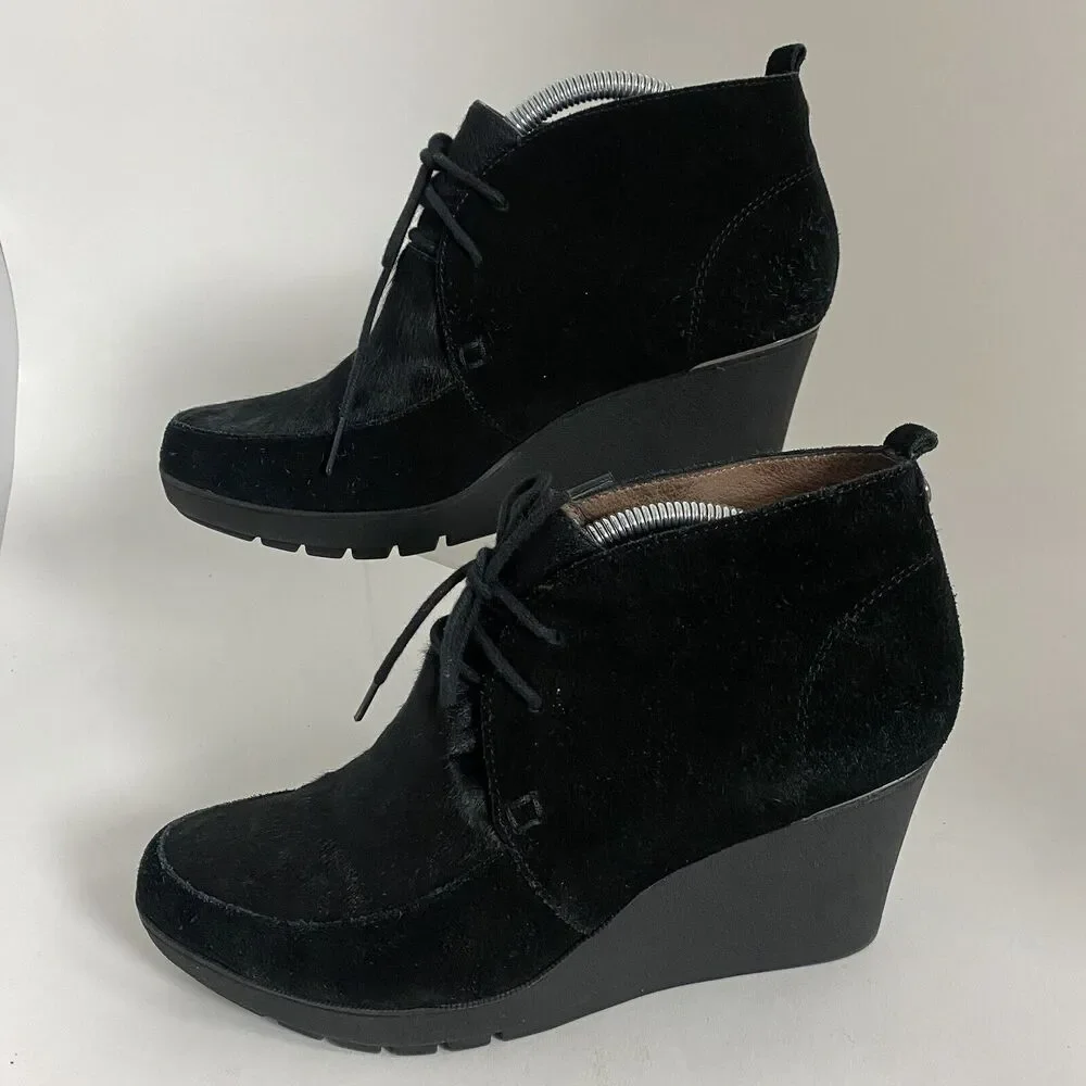 Donald J Pliner Women Sz 8 M Black Suede Nilos Ankle Wedge Booties Boots Lace Up